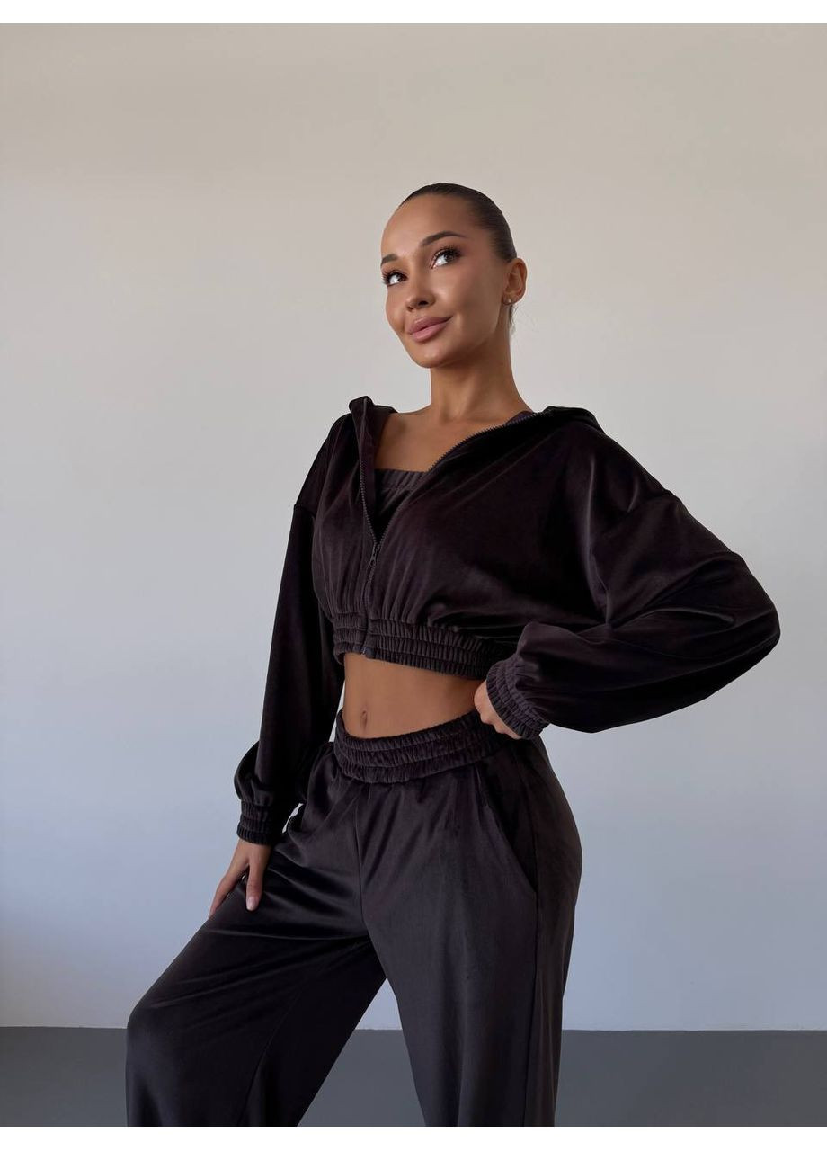 Темно-коричнева демісезонна костюм трійка трикотаж велюр,топ,кофта на штани Україна