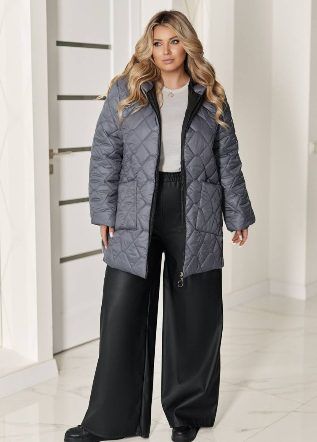 Графітова зимня базова повсякденна подовжена стьобана зимова курточка на блискавці з капюшоном Tik-Tak