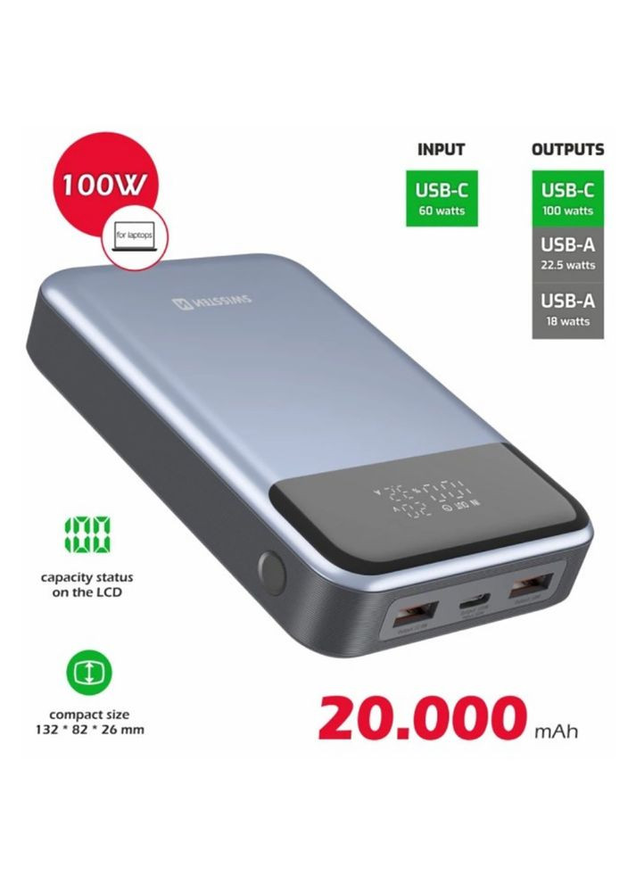 Powerbank For Laptop 100W 20000mAh Black/Silver (8595217483781) SWISSTEN (365750163)