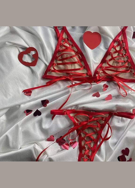 Красный демисезонный комплект нижнего белья покер бюстгальтер трусики пояс с подвязками чокер стильное эротическое бельё No Brand Комплект спідньої білизни
