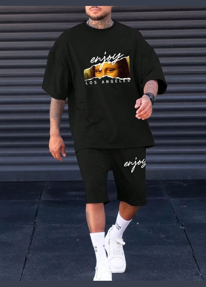 Комплект футболка та шорти чорного кольору з ДТФ принтом (оверсайз) No Brand (370955256)