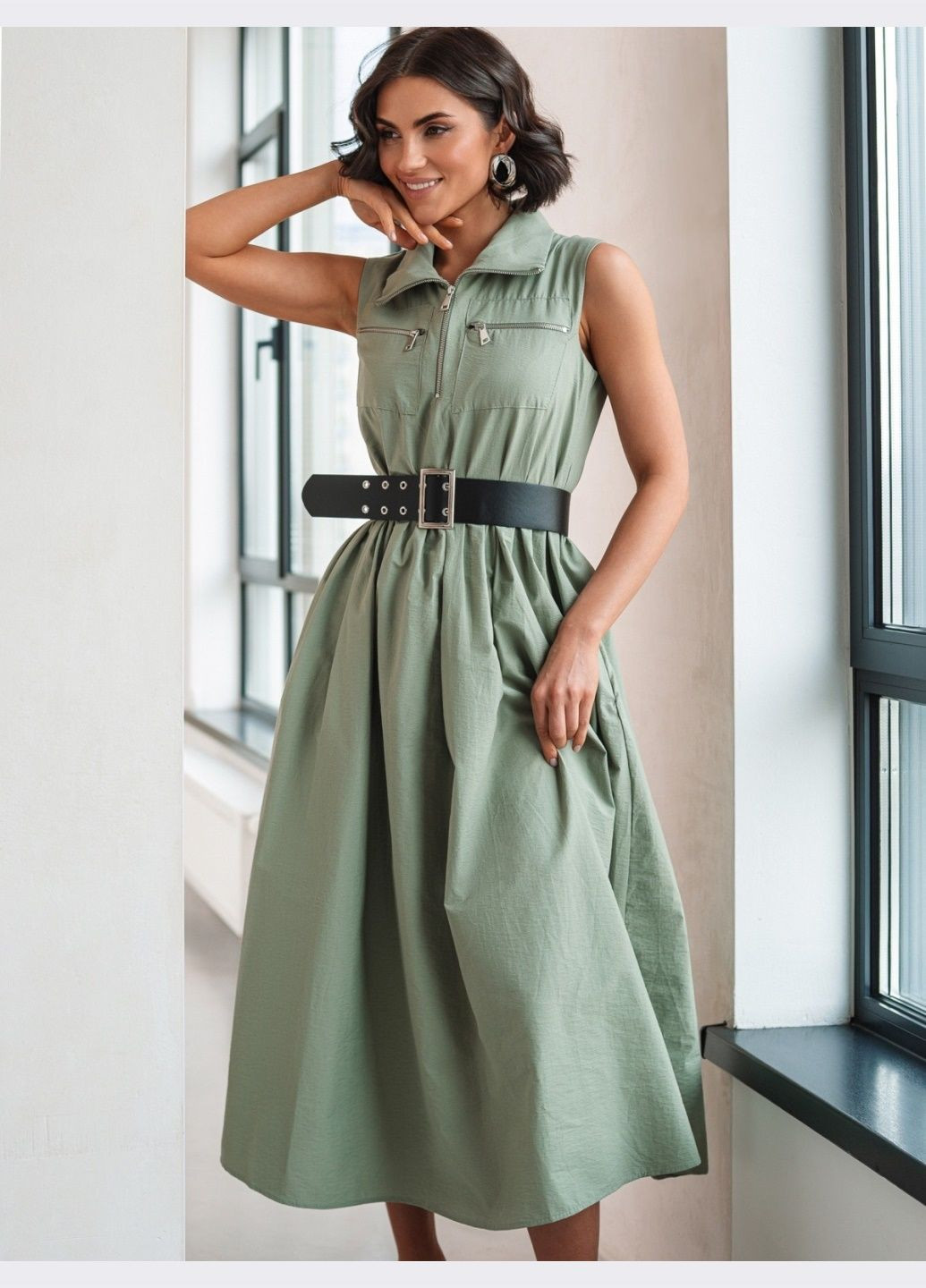 Оливкова (хакі) кежуал сукня-міді кольору хакі з поясом Dressa однотонна