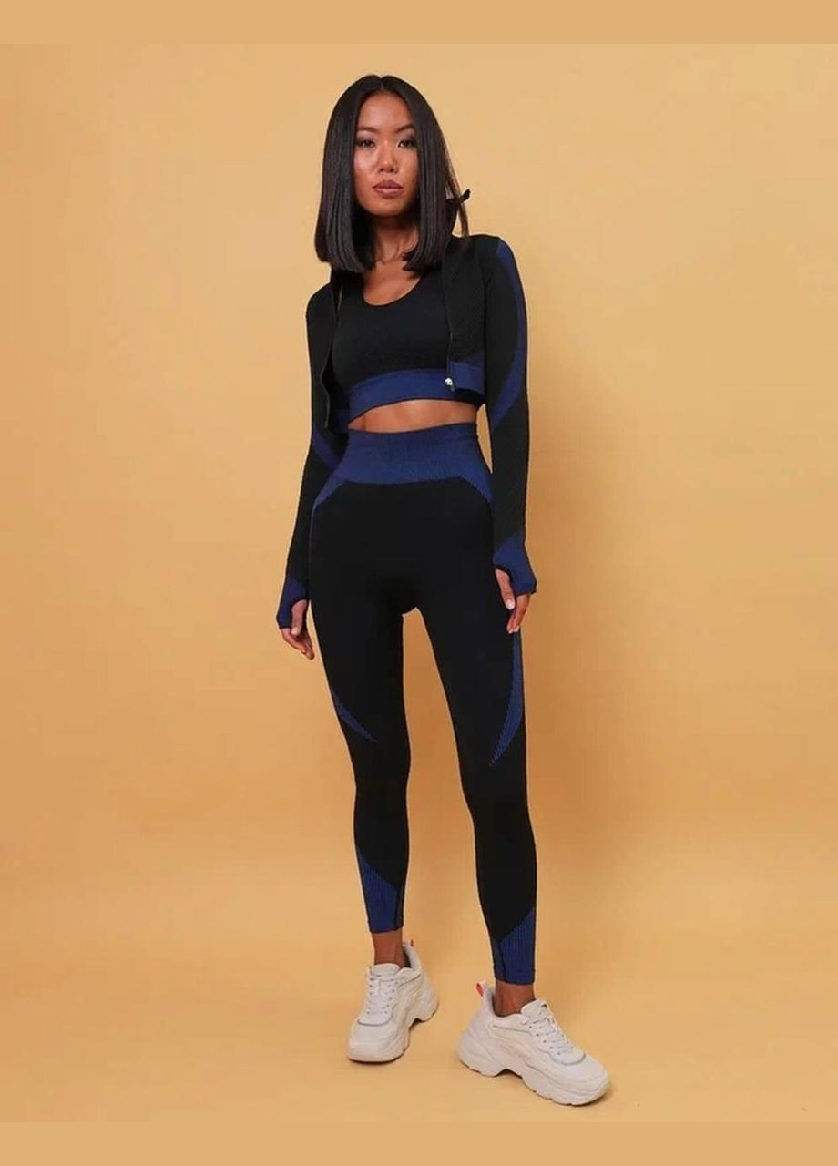 Спортивный костюм тройка (рашгард, топ и леггинсы) черного цвета с синими вставками, размер XL Trends (330757670)