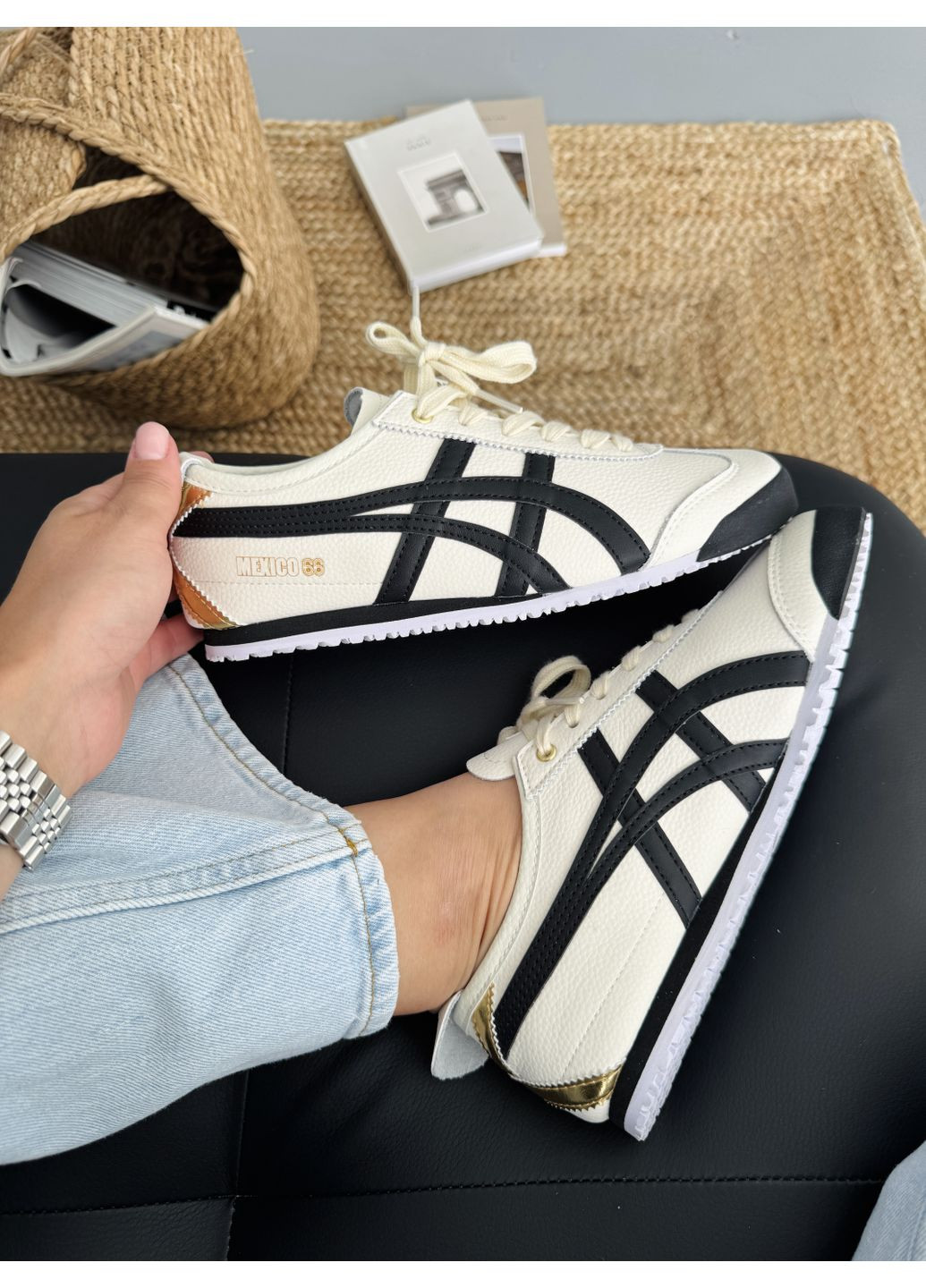 Кроссовки женские Asics Onitsuka Tiger Mexico Beige Black Gold | Асікс Онітцука Тайгер бежевые демисезоны (371276851)