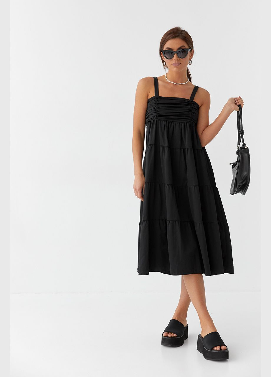 Черное повседневный летний сарафан из прошвы на одном бретеле белый цвет 40р. с открытыми плечами No Brand однотонное