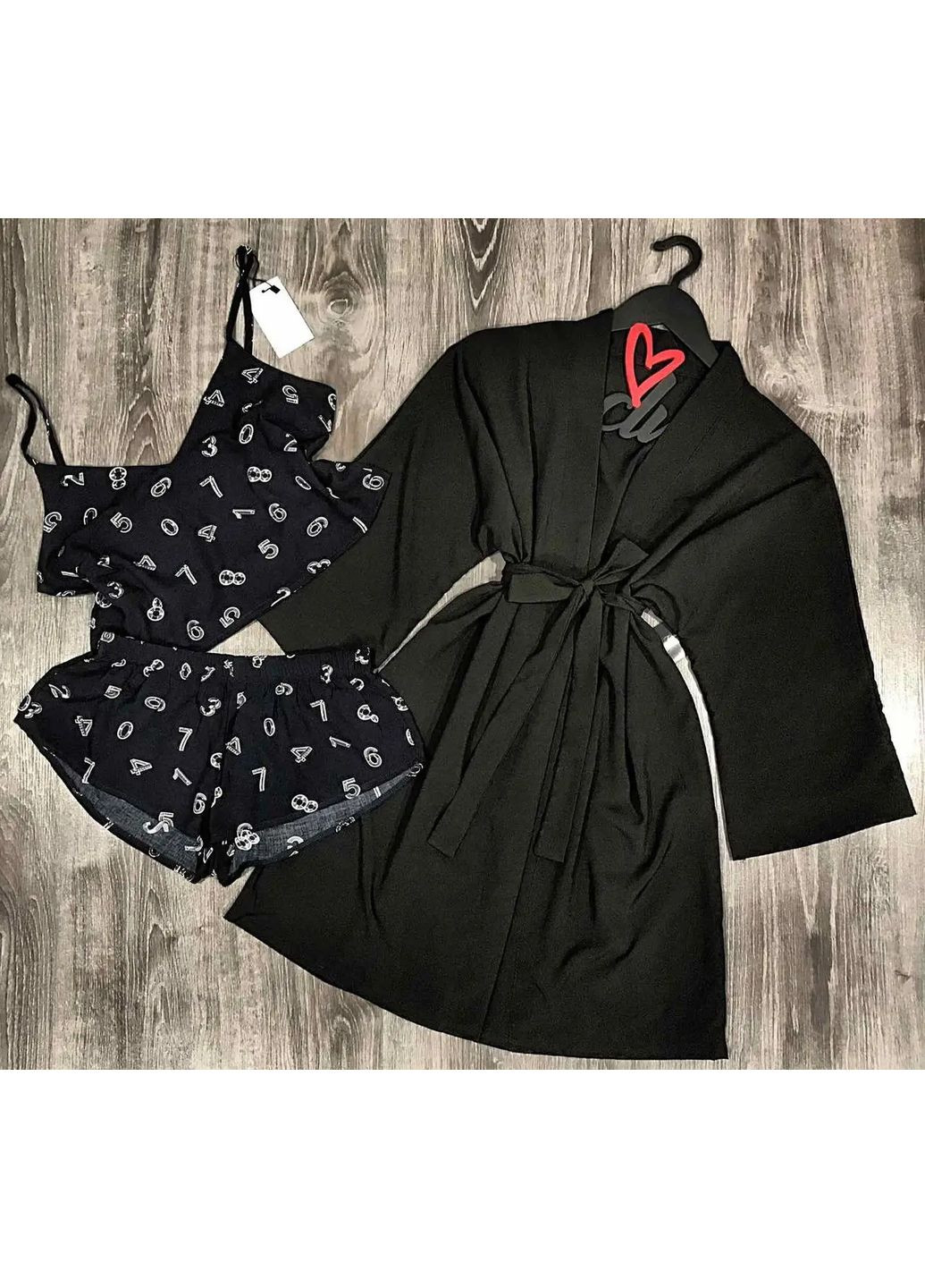 Черный демисезонный комплект халат и пижама GorLin
