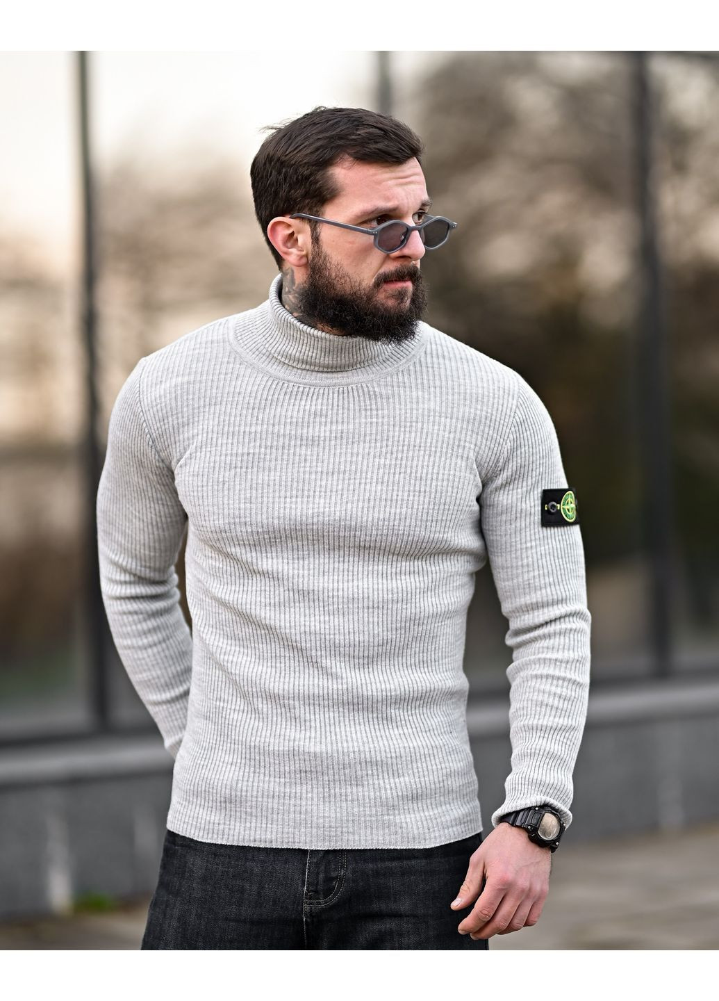 Чоловічий в'язаний демісезонний гольф сірий Stone Island (371684757)