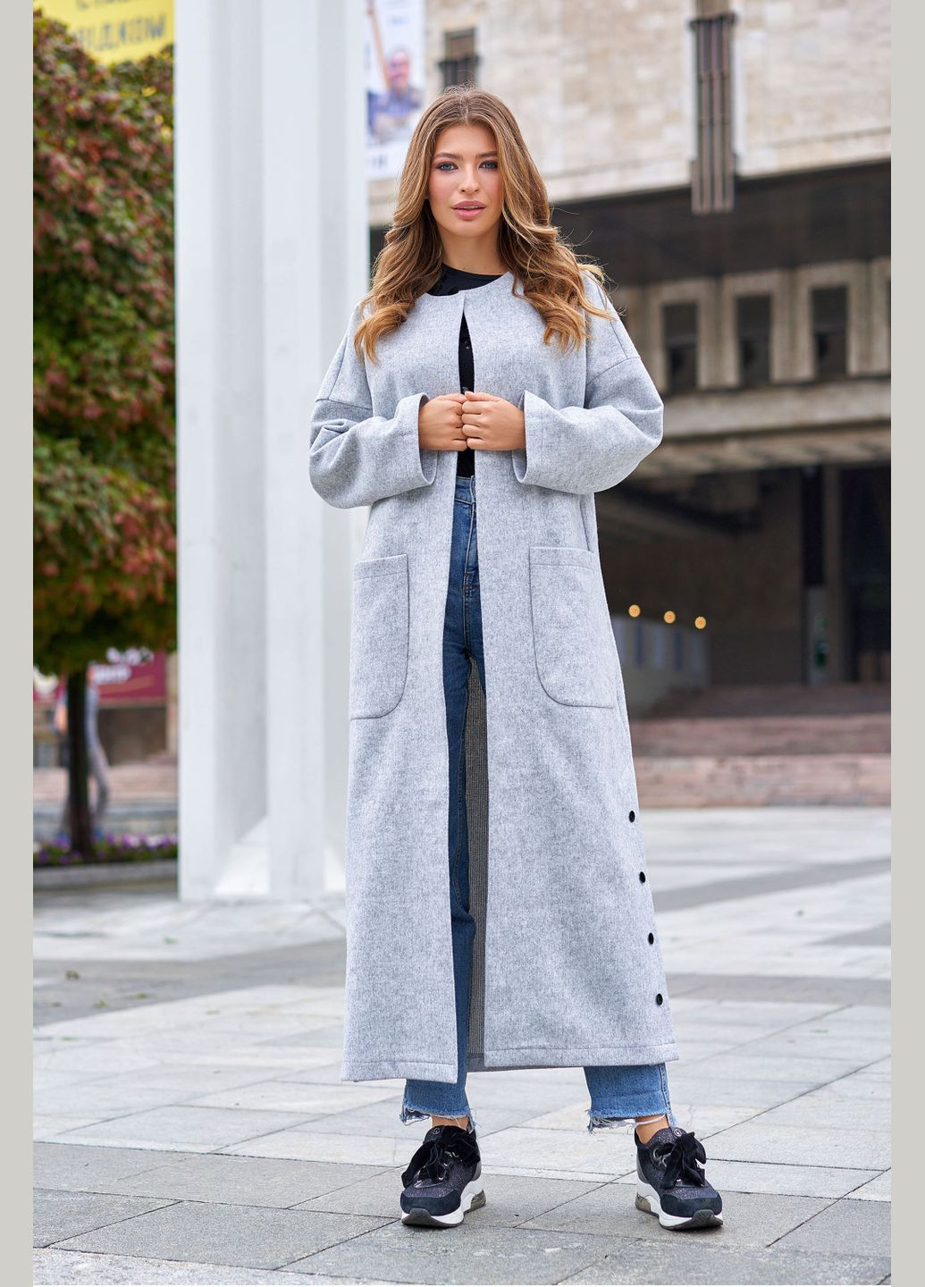 Сіре демісезонне Тепле жіноче пальто Liton