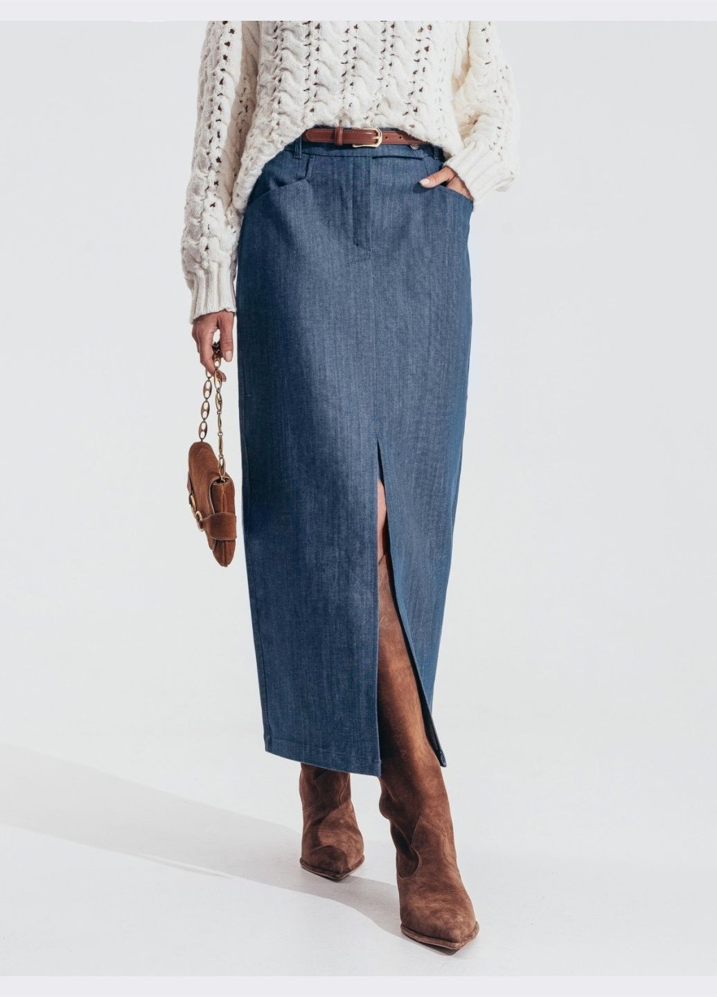 Синяя джинсовая однотонная джинсовая юбка-миди синего цвета Dressa