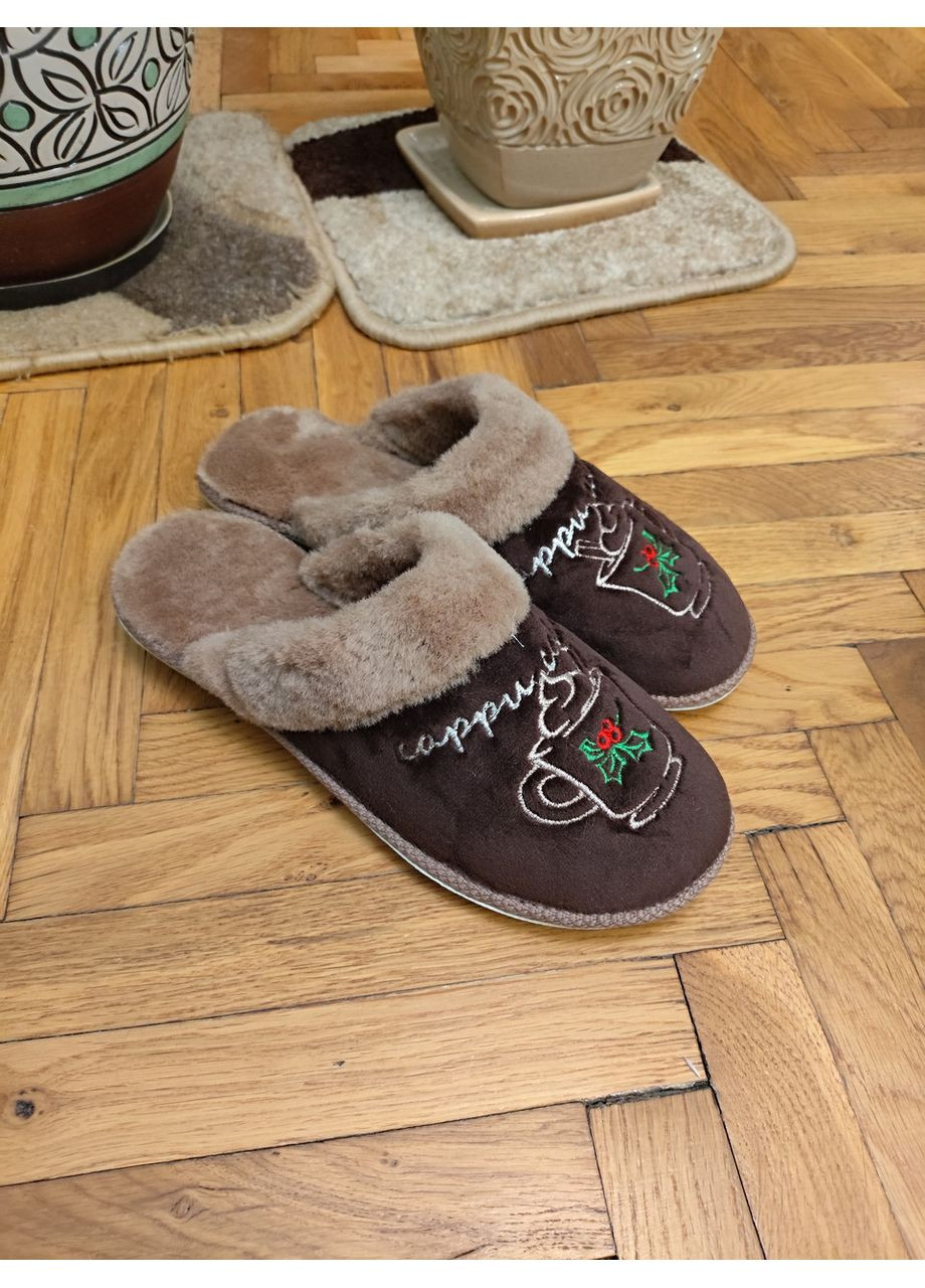 Коричневые женские домашние тапочки синие велюровые с меховым опушением с кофе Белста