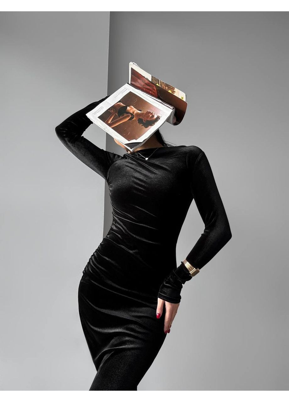 Черное праздничный элегантное бархатное платье меди с длинным рукавом силуэтная No Brand