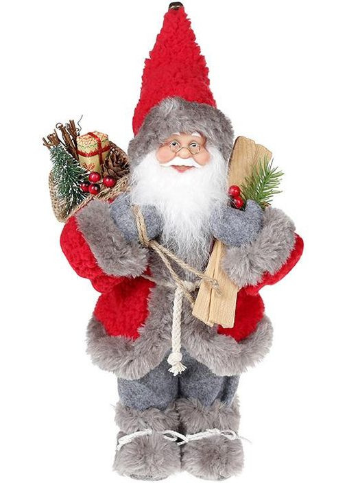 Фігура Санта з лижами 30см м'яка іграшка для декору інтер'єру новорічний червоний сувенір з сірим Bona (368976749)