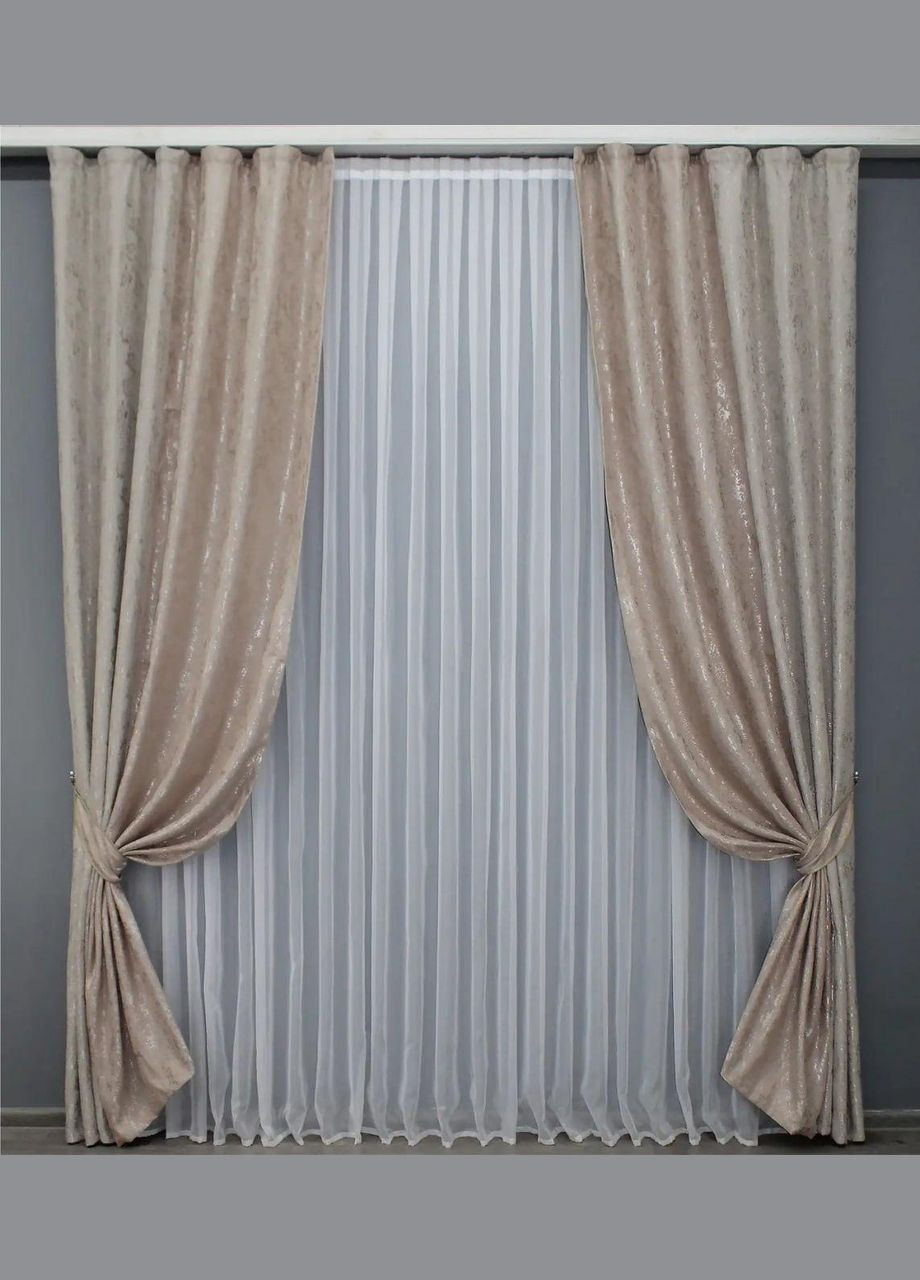 Штори для залу жаккардові 2 шт штори 1.5 х 2.7 м + тюль 4 х 2.7 м Бежевий (П4К-014дк (1177-1362ш)-02) No Brand (306633498)