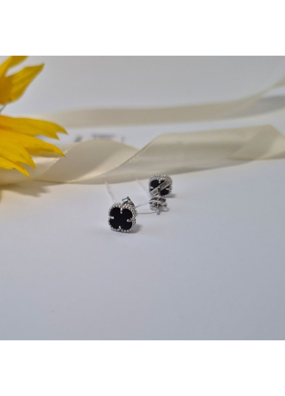 Срібні гвоздики на фіксаторах Конюшина з Чорним Оніксом срібло 925 проби Родоване 1664сгв 1.60г No Brand (355343923)