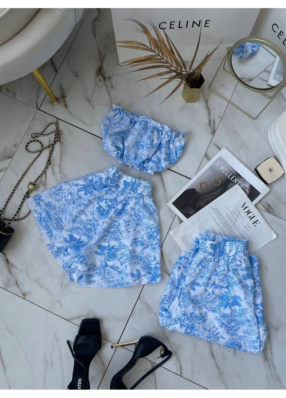 Голубая всесезон женская пижама топ + шорты + брюки No Brand