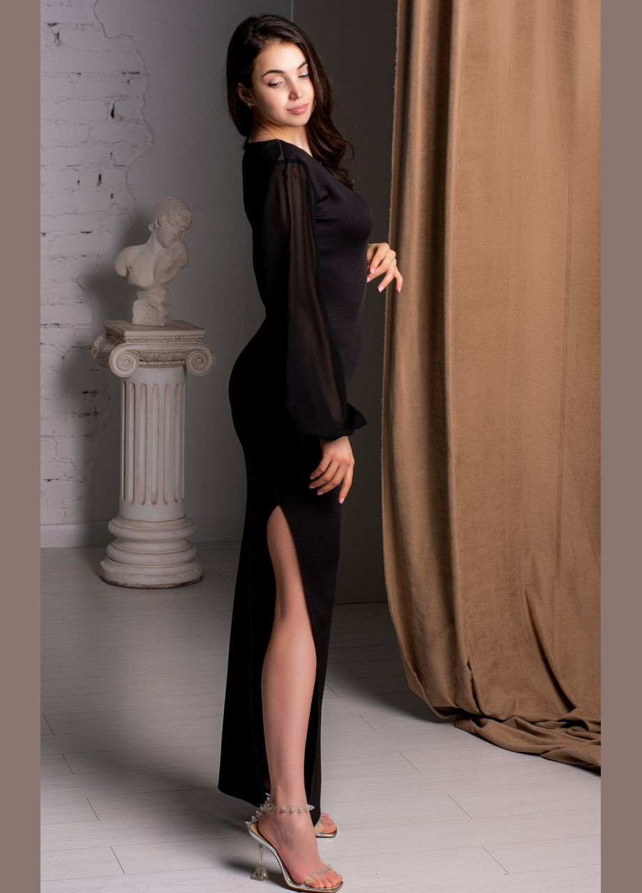 Чорна коктейльна трикотажна облягаюча довга сукня в підлогу, з рукавами-ліхтарик із шифону і розрізром. однотонна. чорна No Brand однотонна