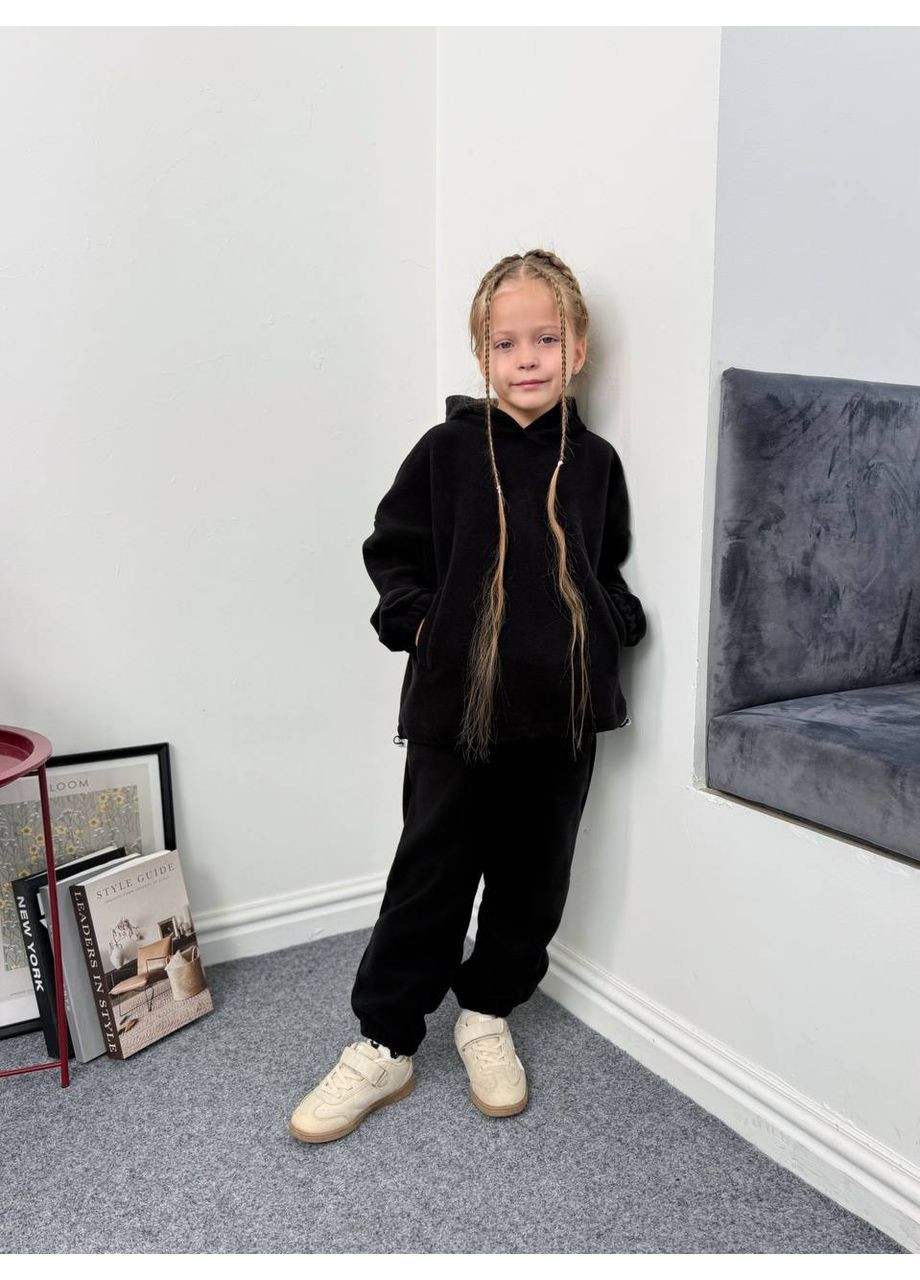 Чорний зимній костюм 1833 полар фліс двійка дитячий штани та худі з капюшоном Україна