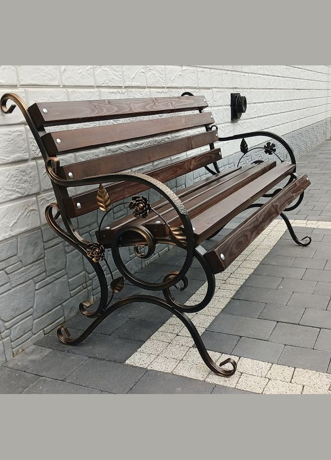 Скамейка с коваными цветами со спинкой и подлокотниками 220 см цвет орех No Brand (328763697)