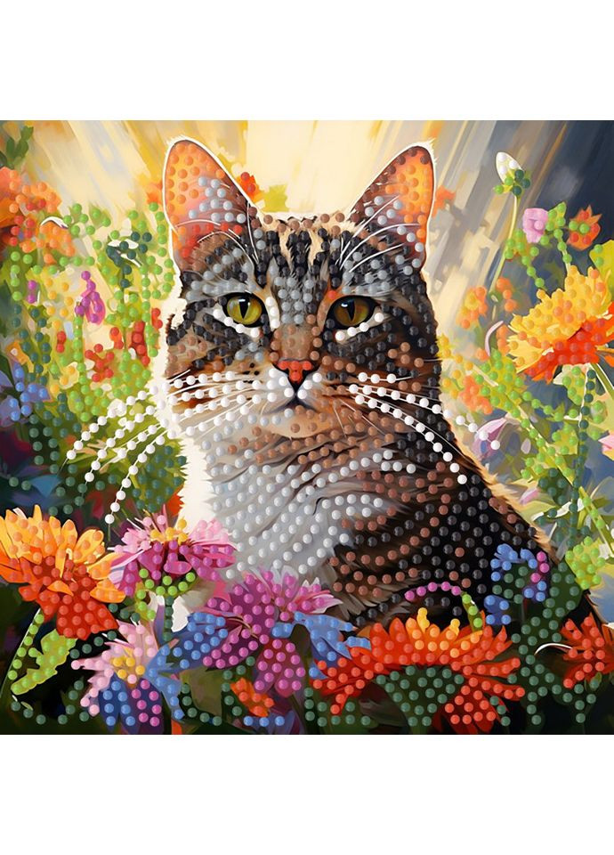 Алмазна мозаїка "Кіт серед квітів" ZAV1818-12, 18х18 см Strateg (363174949)