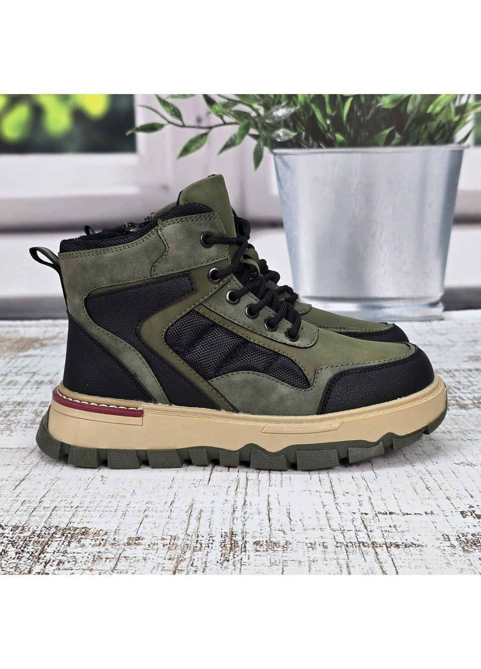 Хаки повседневные зимние ботинки зимние подростковые для мальчика хаки с черным Paliament