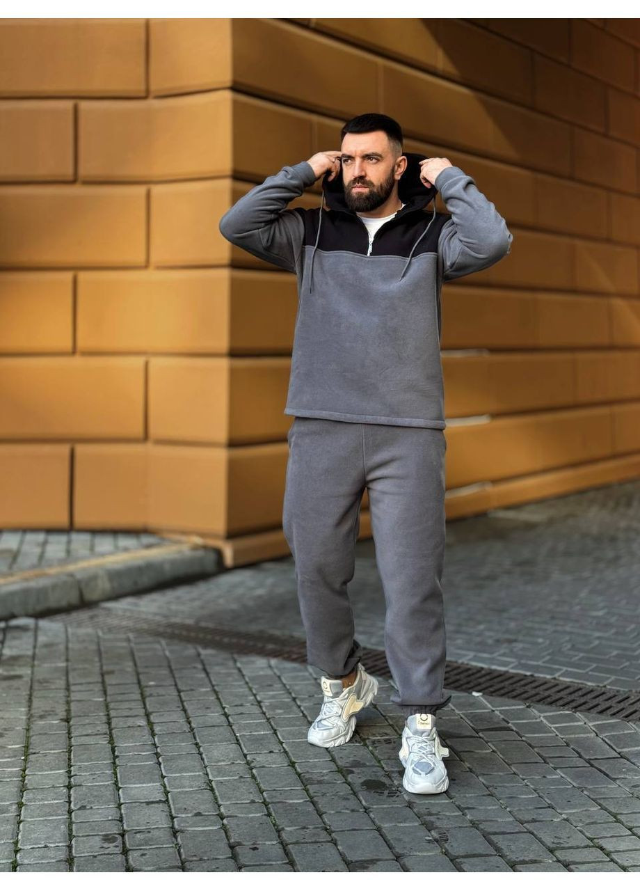 Графитовый зимний мужской теплый флисовый костюм с капюшоном. брючный No Brand