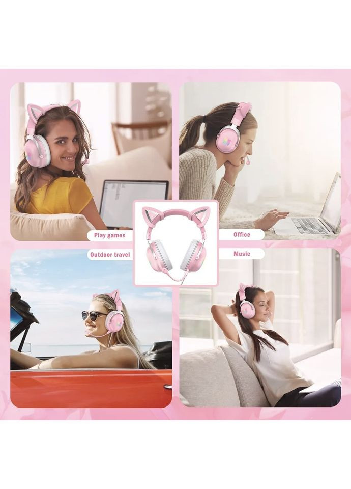 Игровые проводные наушники X11 с кошачьими ушками с микрофоном и LED RGB подсветкой Розовый Onikuma (356112227)