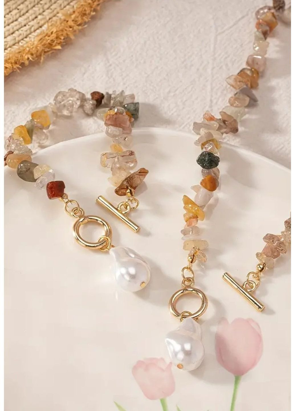 Комплект ожерелье (бусы) и браслет с минералами камнями и жемчужными бусинами, 10-900 No Brand (365730745)