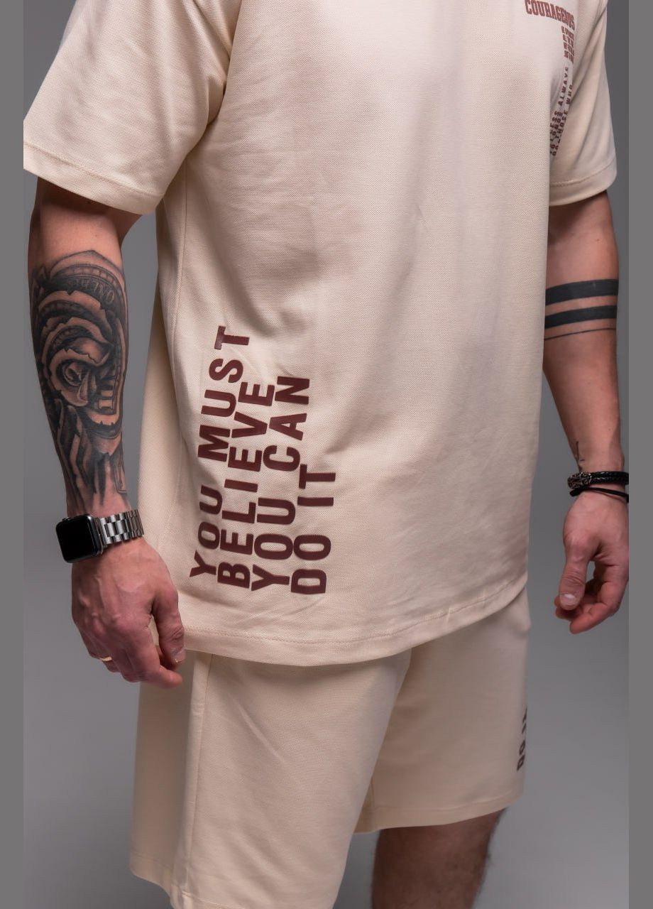 Мужской oversize костюм футболка и шорты светло-бежевый "Must Believe" No Brand (342394504)