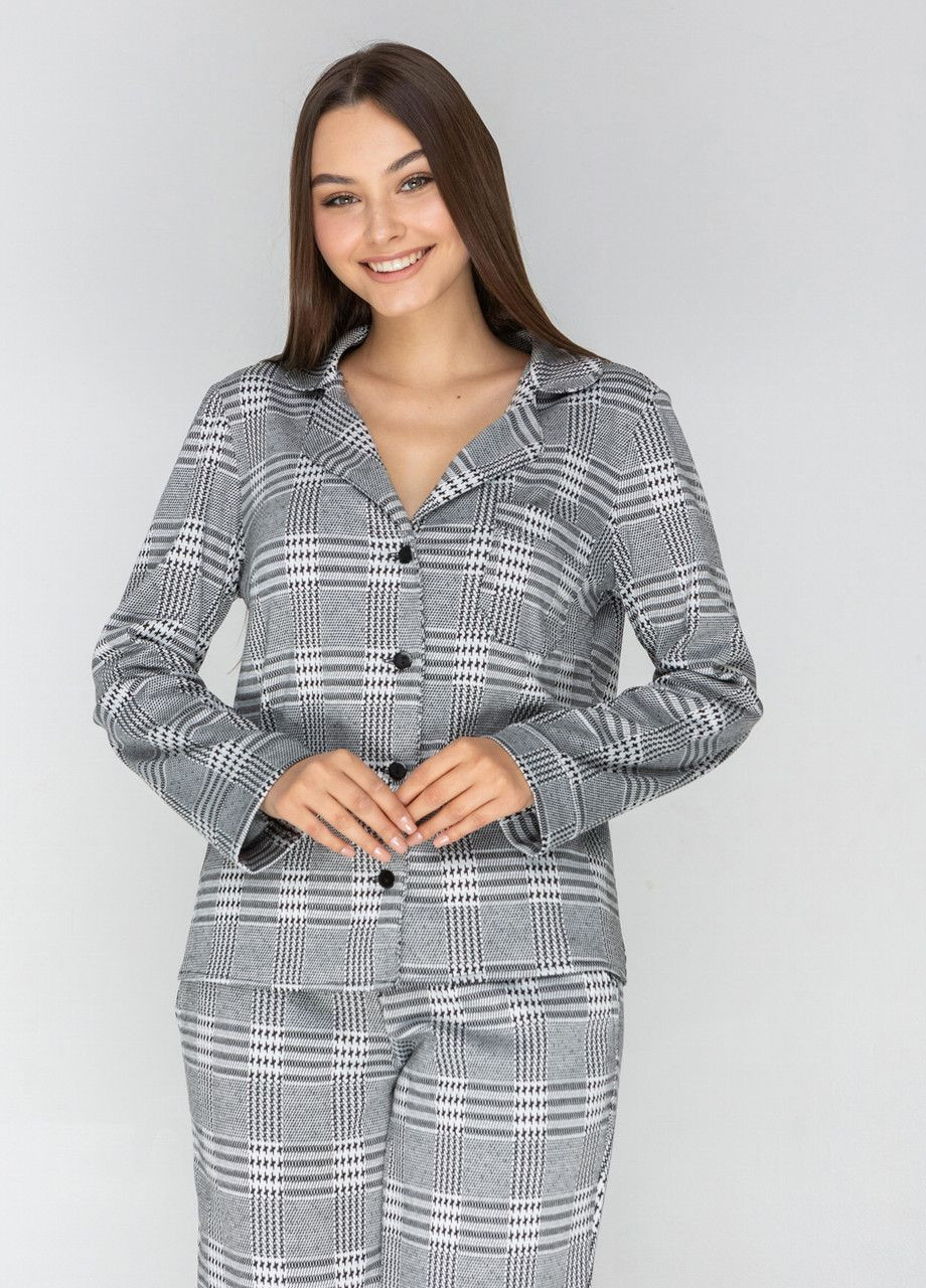 Белая всесезон женская утепленная пижама рубашка с длинным рукавом и брюки (клетка) рубашка + брюки GorLin