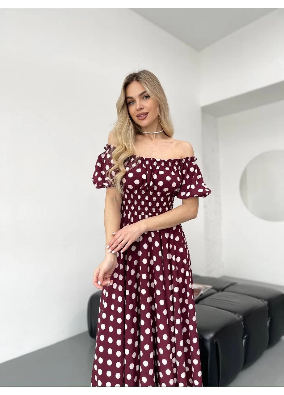 Бордова сукня довга вечiрня в горох бордового кольору 37915 кльош Fashion в горошок