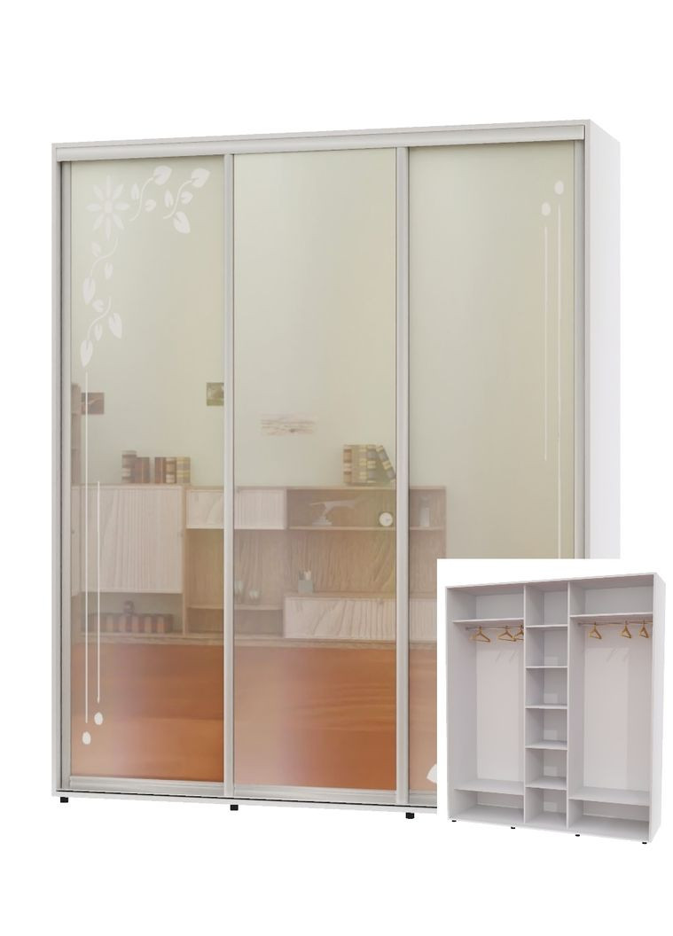 Шкаф-купе трехдверный 200*60*230 Белый 2 Зеркала с пескоструйным рисунком/Зеркало ШК-04 Алекса (360472352)