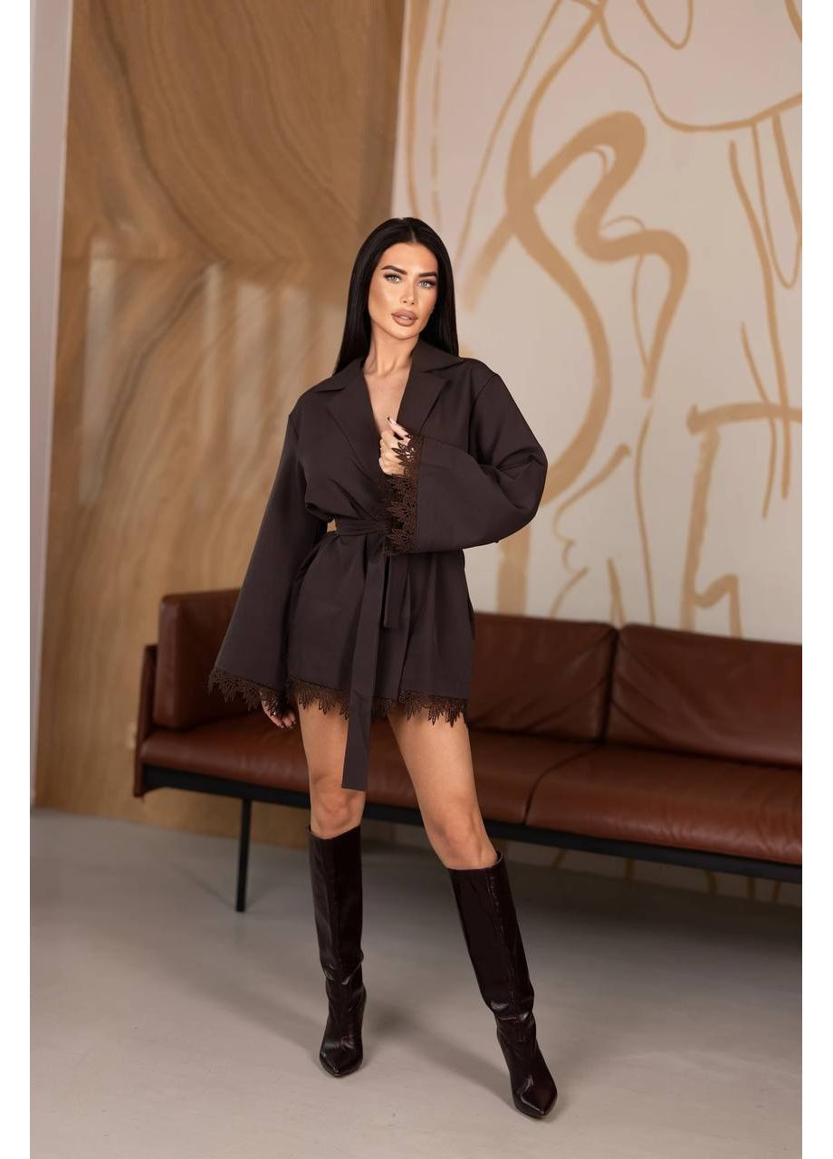 Коричневое праздничный элегантное платье-пиджак с итальянским кружевом — замеры в описании силуэтная GD/GL Модний простір однотонное