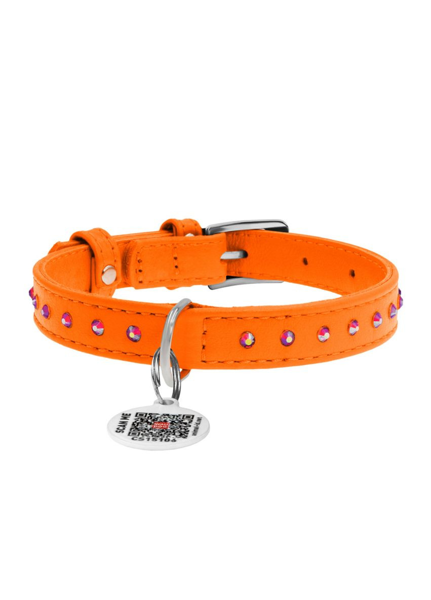 Ошейник для собак кожаный Glamour с QR паспортом, с клеевыми стразами, Ш 12 мм, Дл 21-29 см оранжевый WAUDOG (322328422)