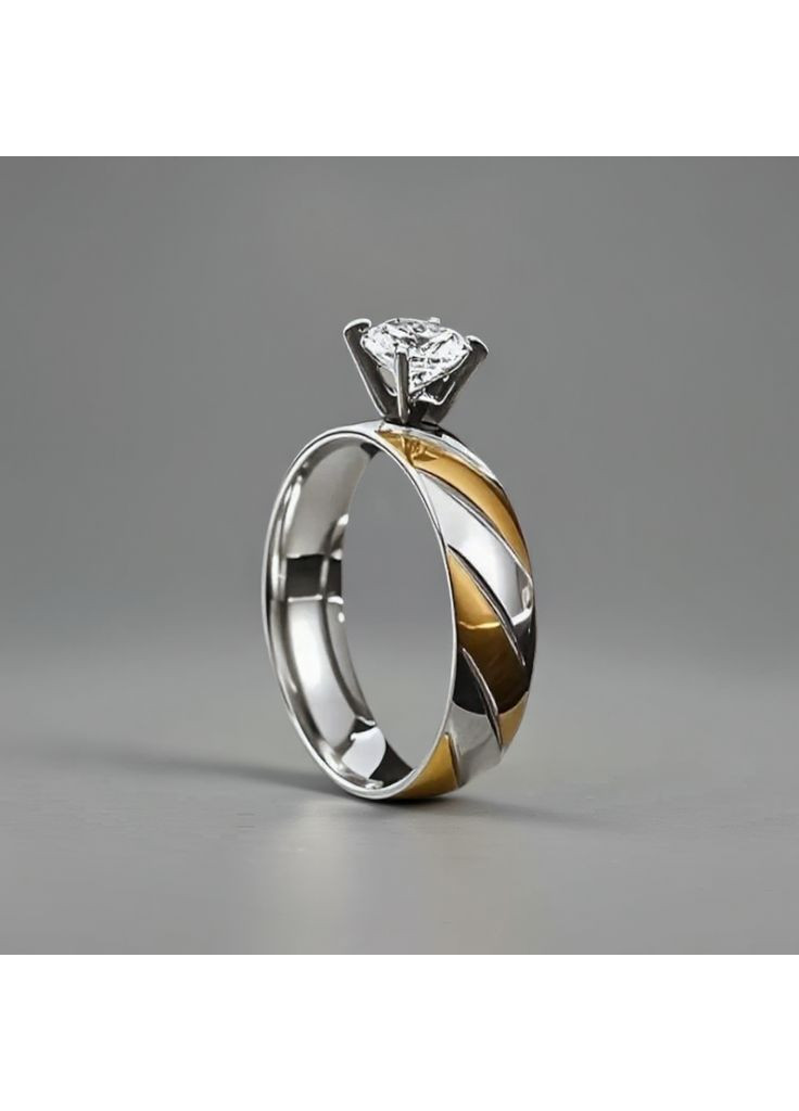 Кольцо обручальное серебристо-золотистое из стали с белым камнем 6 мм размер 18 AurumLux012 Liresmina Jewelry (360884109)