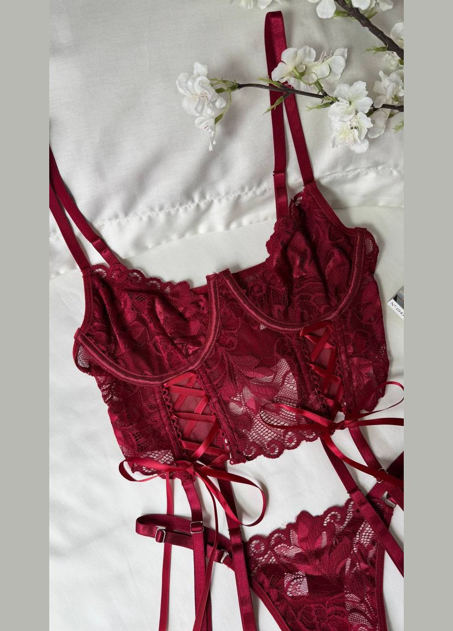 Червоний корсетний комплект жіночої білизни з гартерами Simply sexy