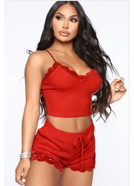 Красная пижама из хлопкового стрейча с кружевом с топом и шортами. женская пижама-двойка на бретелях базовая China