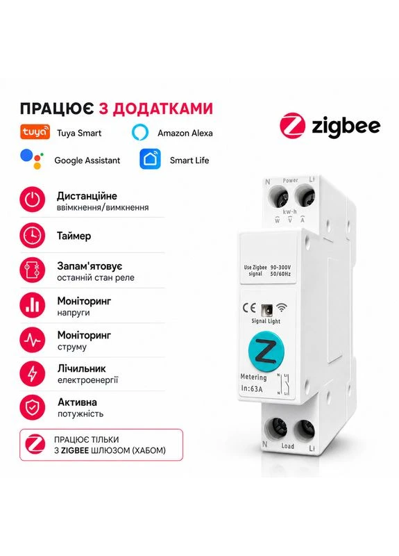 Розумний ZigBee вимикач з лічильниками, таймером 1P+N 63A 230V Smart Life, [TY-TWM-Z] TUYA (398327966)