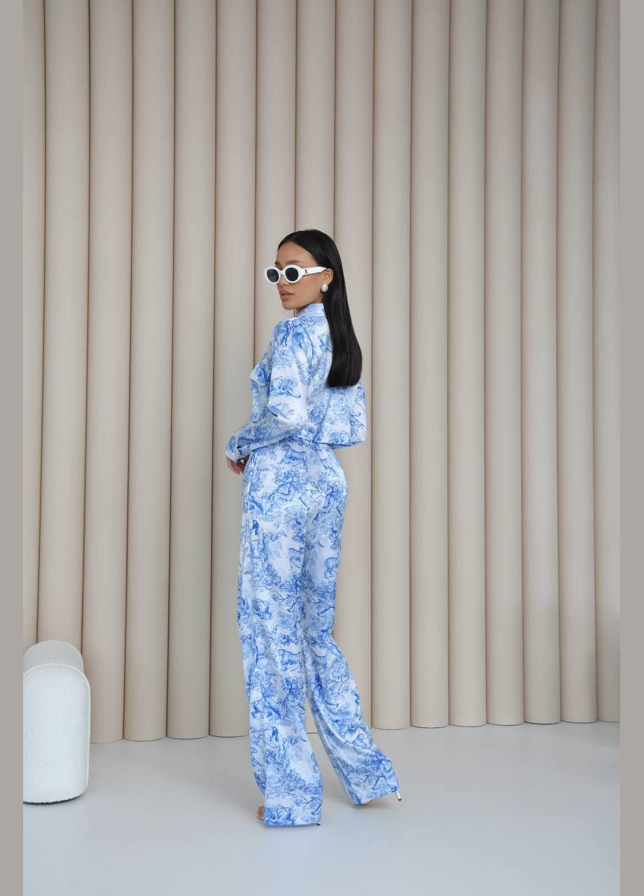 Жіночий костюм з кроп-топом та широкими штанами зі штучного шовку MonCher (334676406)