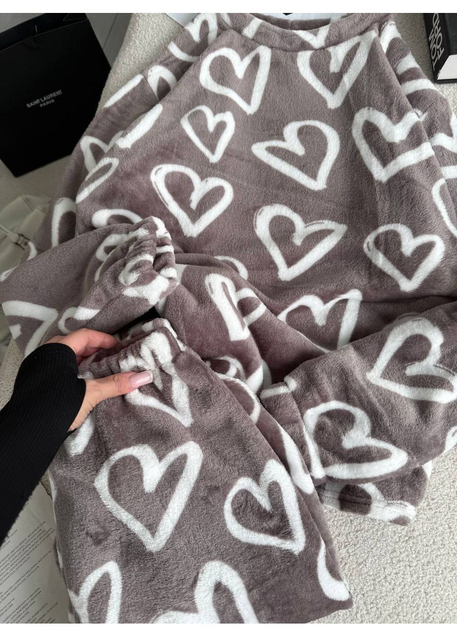 Кавова піжама у сердечка махра,кофта та штани Україна