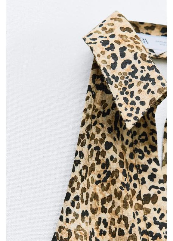 Коричнева сукня-сорочка з суміші льону з анімалістичним принтом. Zara