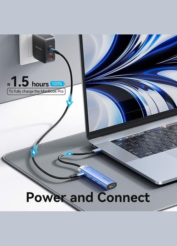 Докстанция Type-C USB3.1 --> HDMI/USB 3.0x3/PD 100W Blue Aluminum Alloy Hub 5-in-1 Vention (315503683)