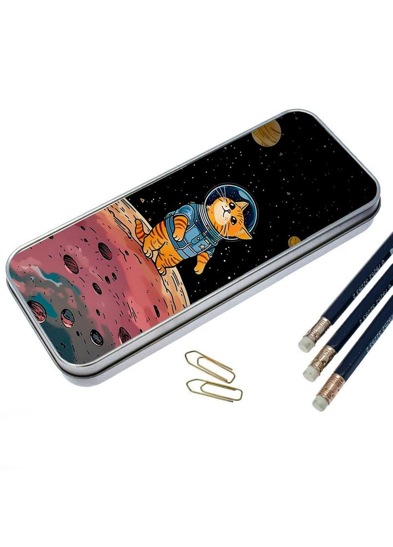 Органайзер для канцелярського приладдя металевий,кейс для дрібниць кіт у космосі 7*18 см Silver No Brand (309153481)