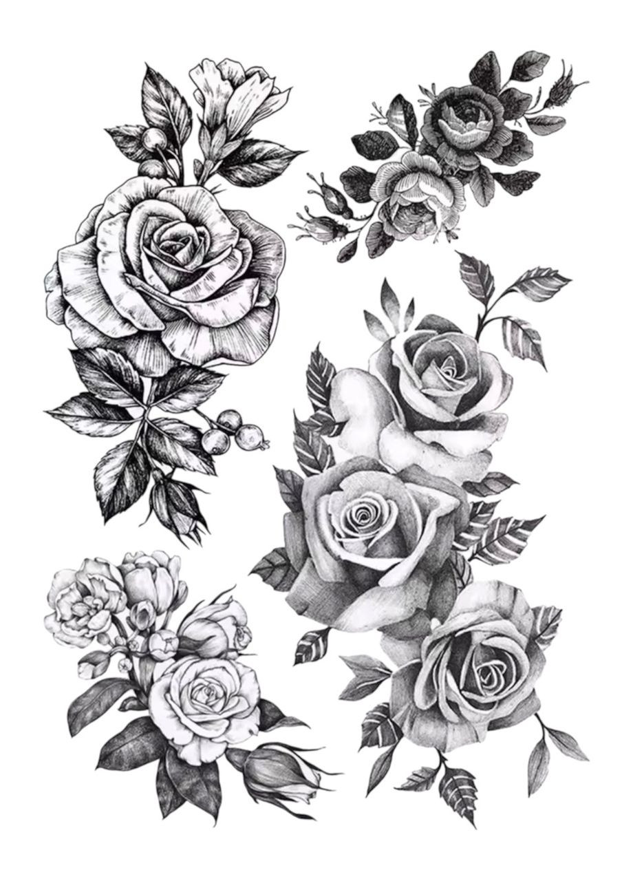 Тимчасове тату-набір Чорні троянди 5в1 21х15 см, Fine Line, контурні (LZ452) LZ (366547068)