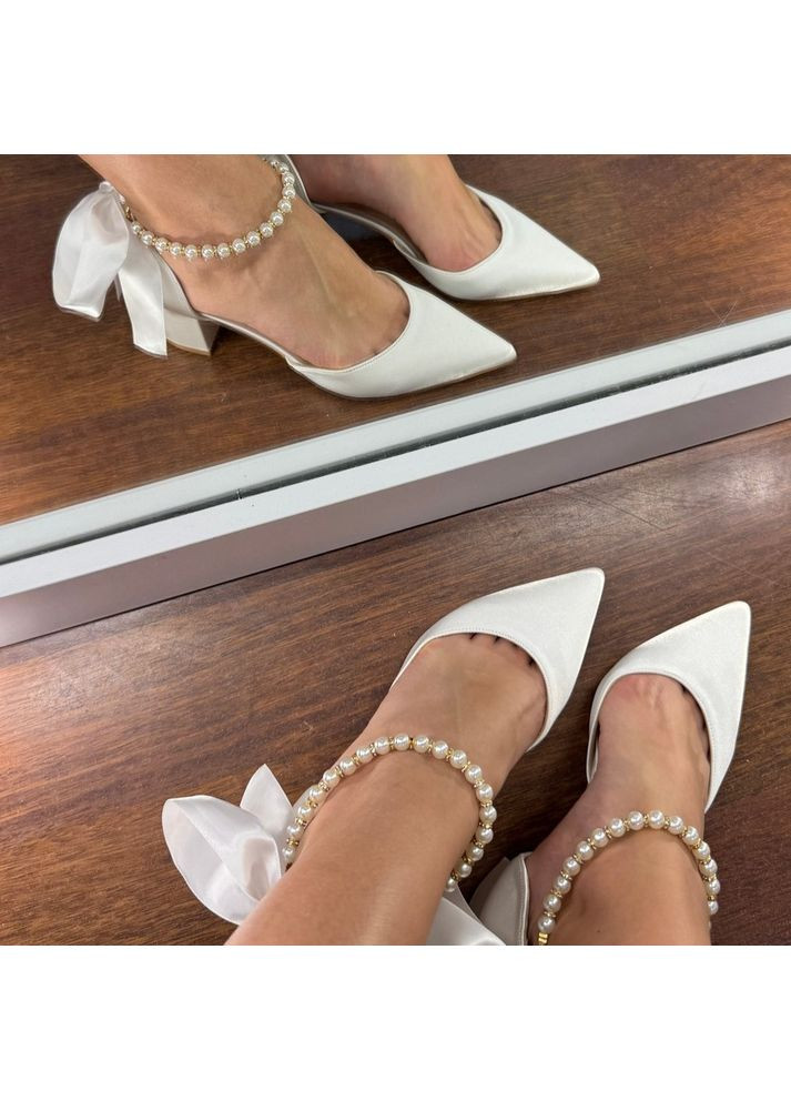 No Brand Жіночі туфлі Весільні атласні ремінцем з перлами та з брошкою перли квітка (знімається) 5 см білий з текстиль, — (351394420)