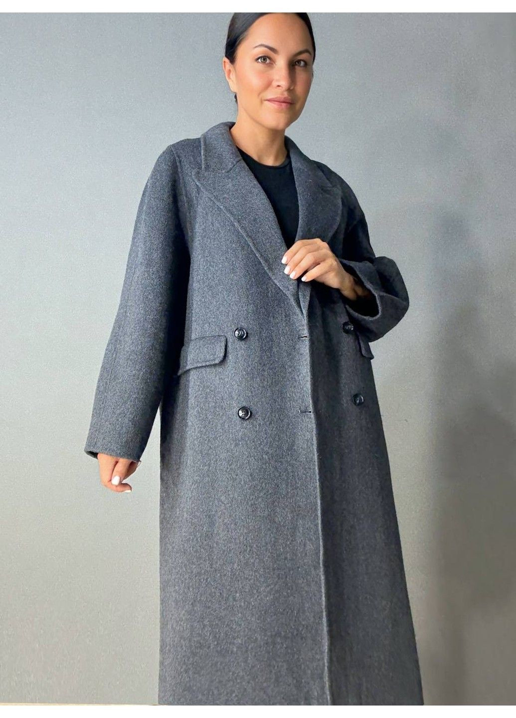 Пальто жіноче 85098 довге оверсайз вовняне двобортне сіре Lady yep (356447361)