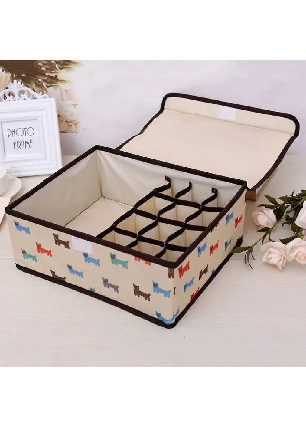 Органайзер для зберігання шкарпеток спідньої білизни дрібниць аксесуарів спанбонд 31х27х12 см (477014-Prob) Бежевий з собачками Unbranded (293343321)