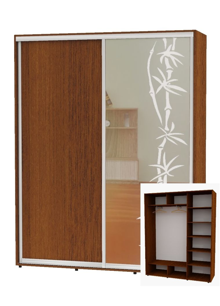 Шкаф-купе двухдверный 170*45*250 Орех лесной ДСП/Зеркало с пескоструйным рисунком Алекса (360446303)