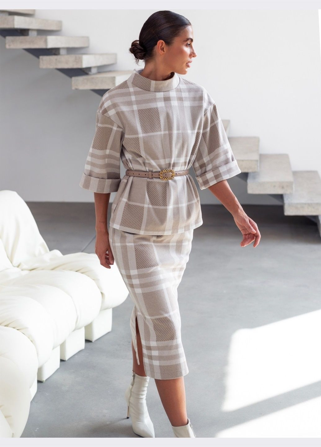 бежевий костюм в клітинку з джемпера та спідниці Dressa (304836388)