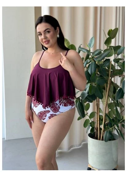 Бордовый летний женский купальник танкини plus size с тропическим принтом/женский раздельный купальник больших размеров бордовый No Brand