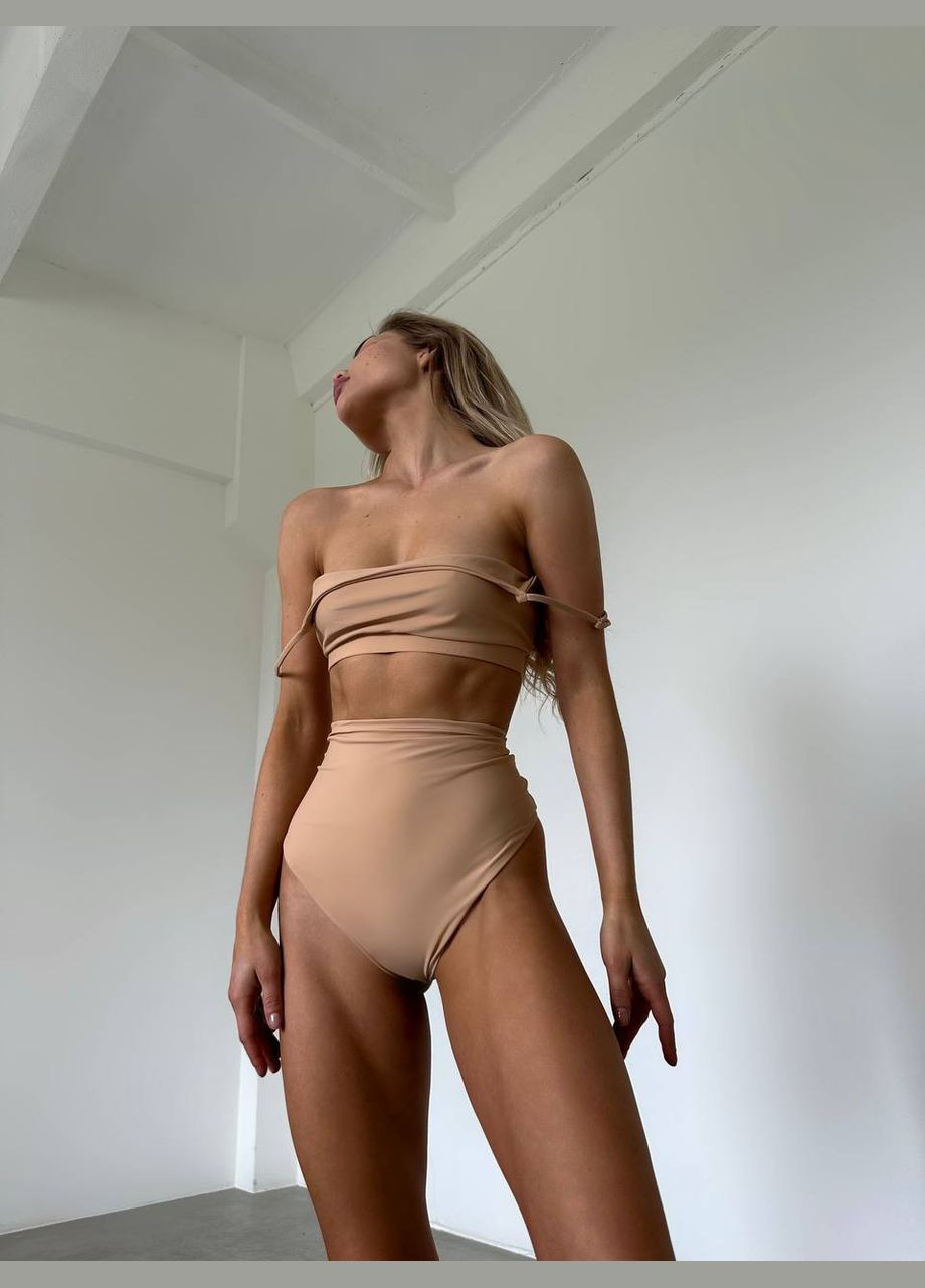 Бежевый раздельный купальник из итальянского матового бифлекса спортивного кроя, бежевый купальник с плавками на высокой посадке No Brand 079